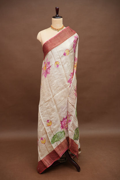Pure Tussar Silk Saree in Beige with Hand Painted Pen Kalamkari Pichwai Lotus Art | Silk Mark Certified
