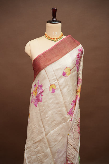 Pure Tussar Silk Saree in Beige with Hand Painted Pen Kalamkari Pichwai Lotus Art | Silk Mark Certified