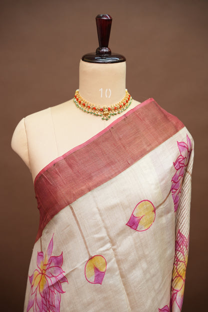 Pure Tussar Silk Saree in Beige with Hand Painted Pen Kalamkari Pichwai Lotus Art | Silk Mark Certified