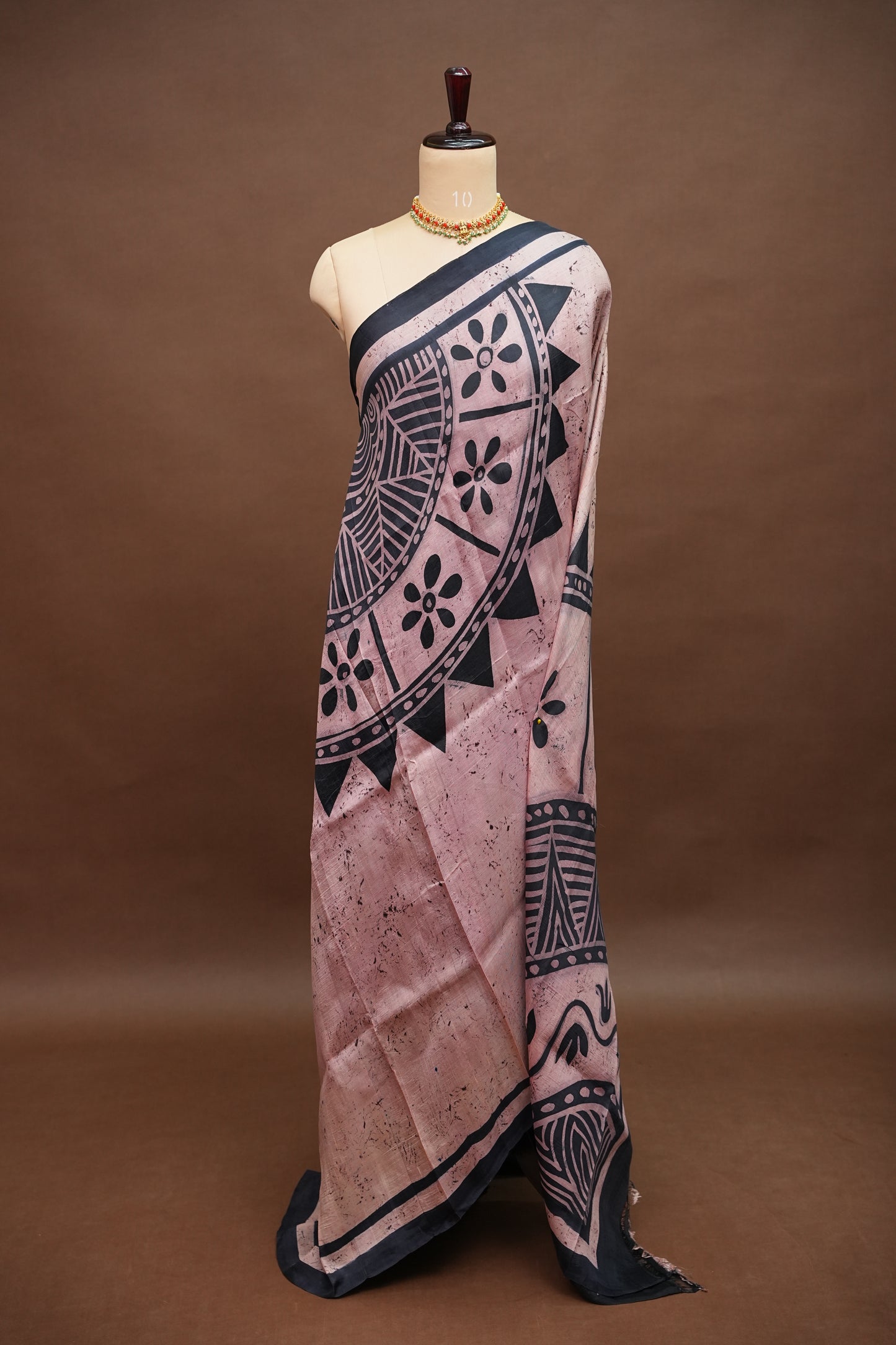 Pure Mulberry Silk Saree in Peach Pink with Handmade Tribal Block Print | Silk Mark Certified