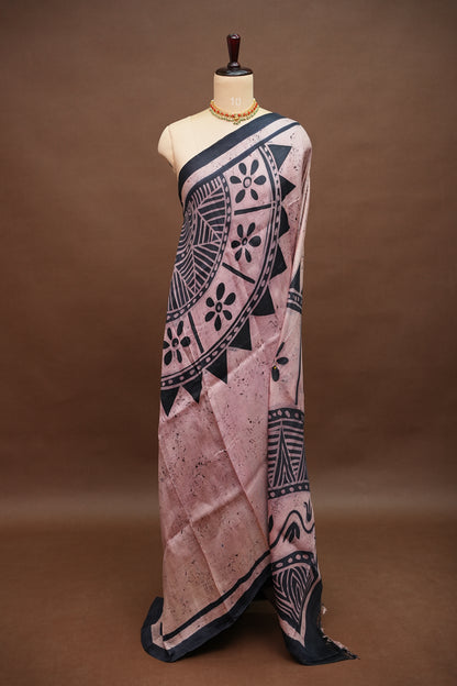 Pure Mulberry Silk Saree in Peach Pink with Handmade Tribal Block Print | Silk Mark Certified