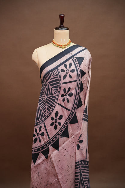 Pure Mulberry Silk Saree in Peach Pink with Handmade Tribal Block Print | Silk Mark Certified