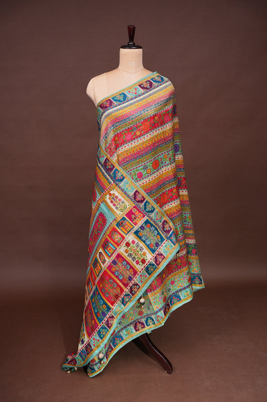 Kashmiri Pashmina Story Telling Saree - Multicolor on Sea Green