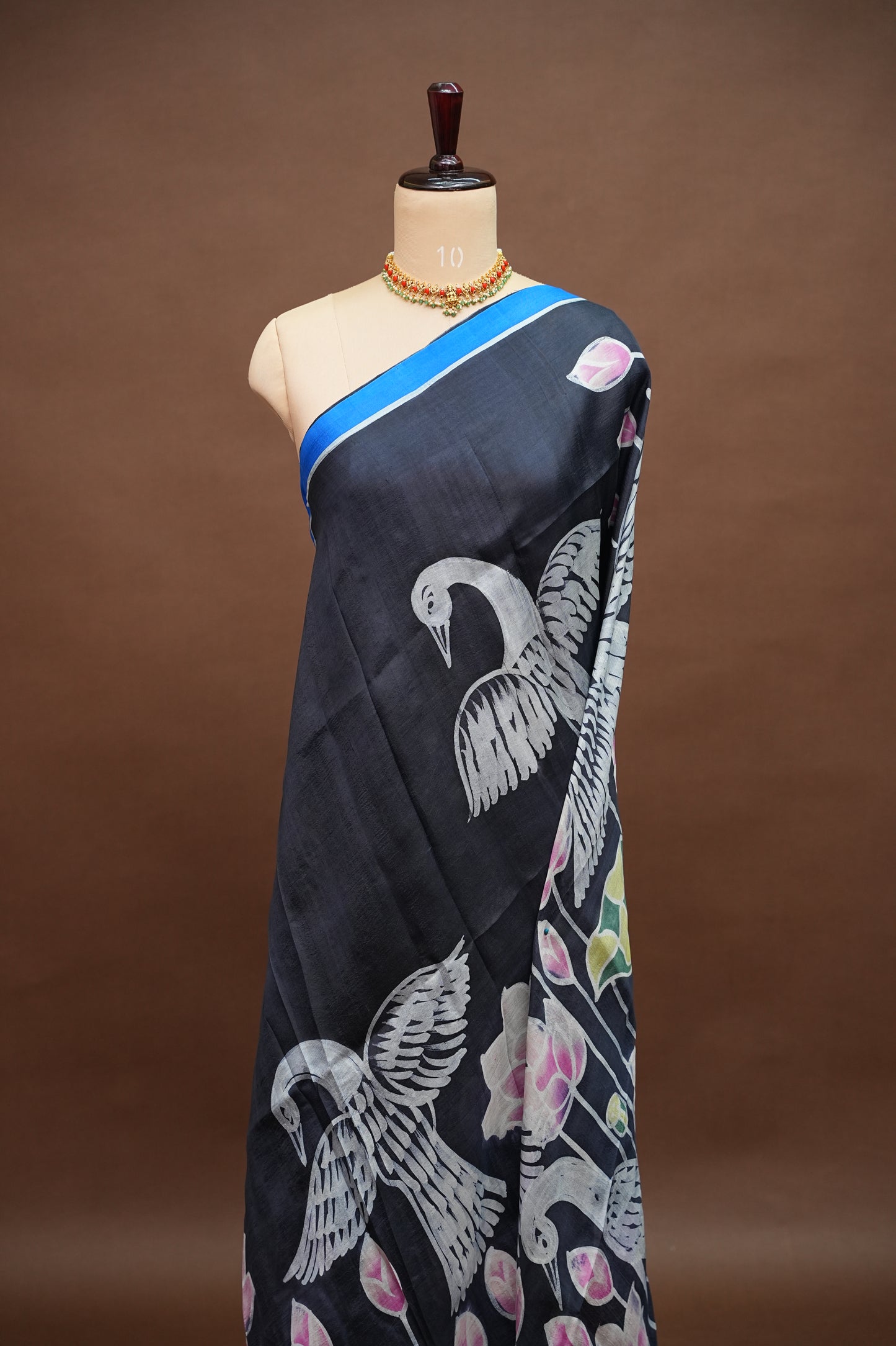 Pure Mulberry Silk Saree in Black with Crane & Lotus Batik Print | Silk Mark Certified