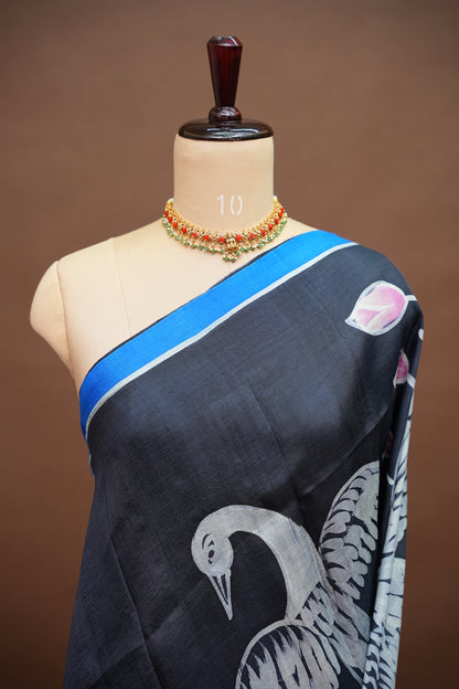 Pure Mulberry Silk Saree in Black with Crane & Lotus Batik Print | Silk Mark Certified