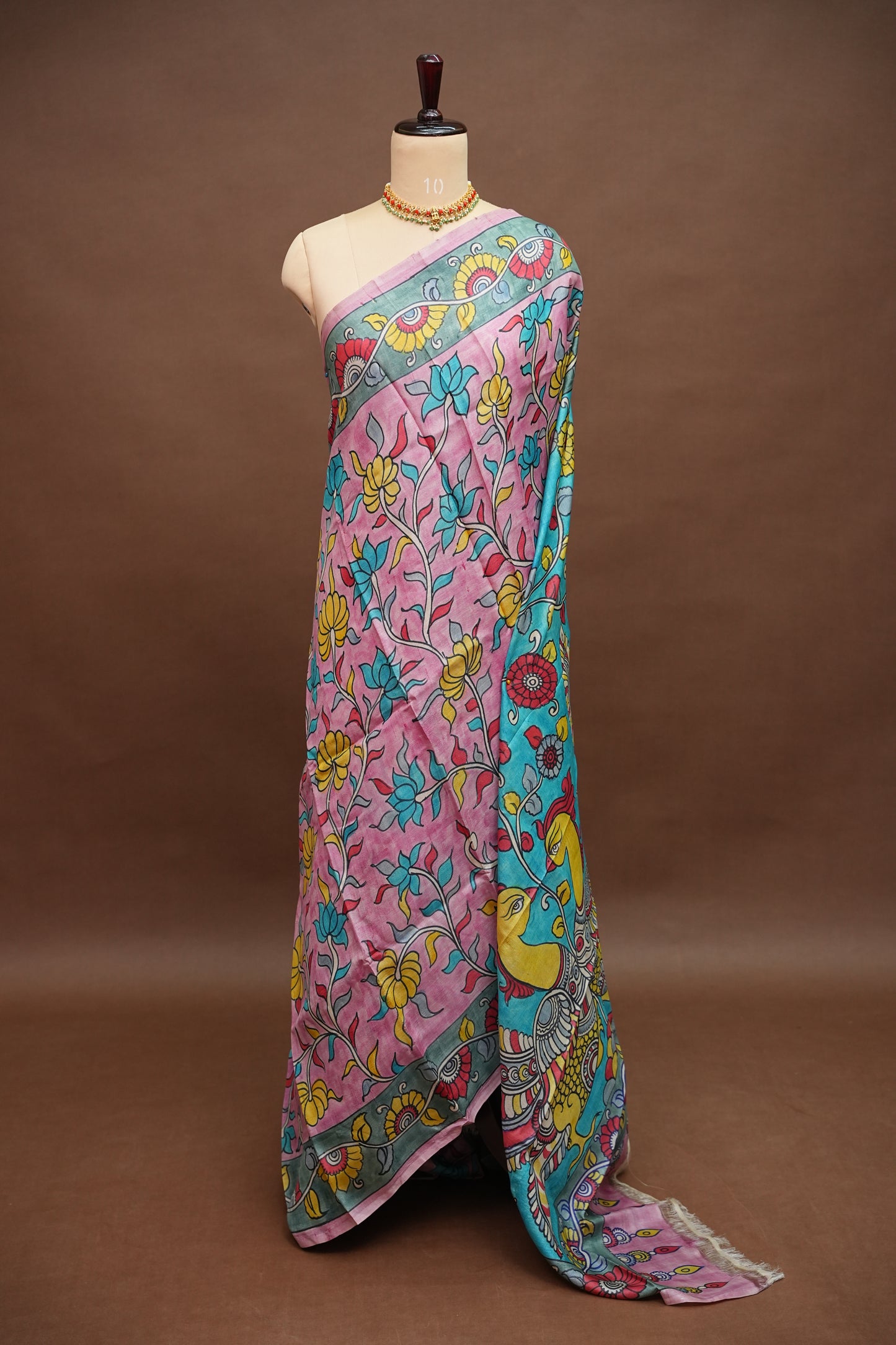 Pure Mulberry Silk Saree in Pink & Aqua Blue with Hand Painted Pen Kalamkari Art | Silk Mark Certified