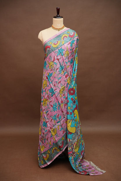 Pure Mulberry Silk Saree in Pink & Aqua Blue with Hand Painted Pen Kalamkari Art | Silk Mark Certified