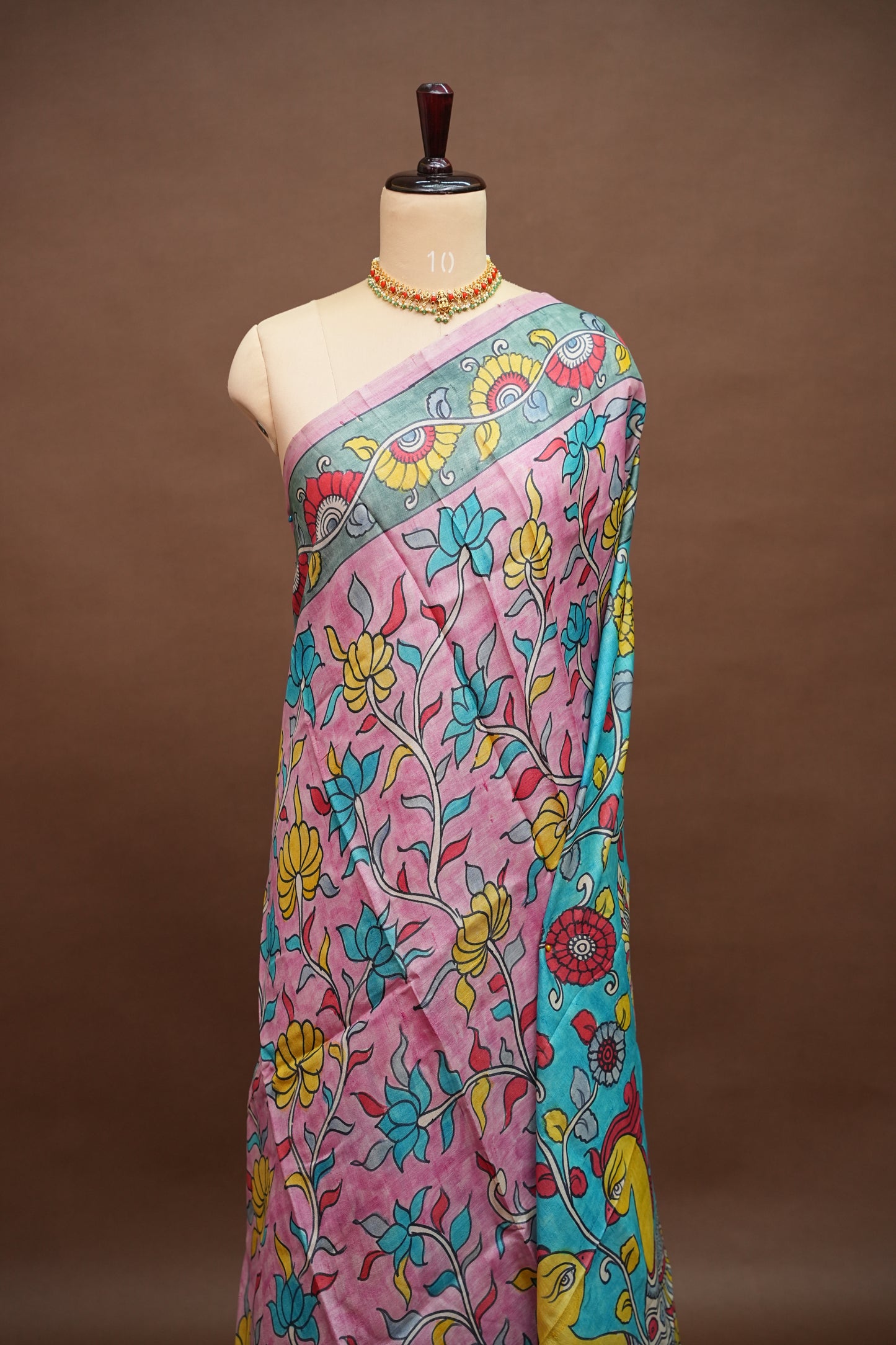 Pure Mulberry Silk Saree in Pink & Aqua Blue with Hand Painted Pen Kalamkari Art | Silk Mark Certified