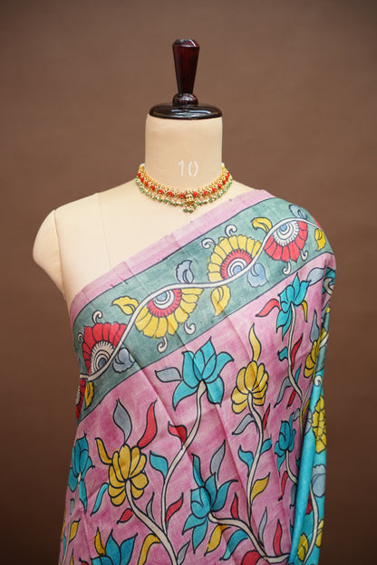 Pure Mulberry Silk Saree in Pink & Aqua Blue with Hand Painted Pen Kalamkari Art | Silk Mark Certified