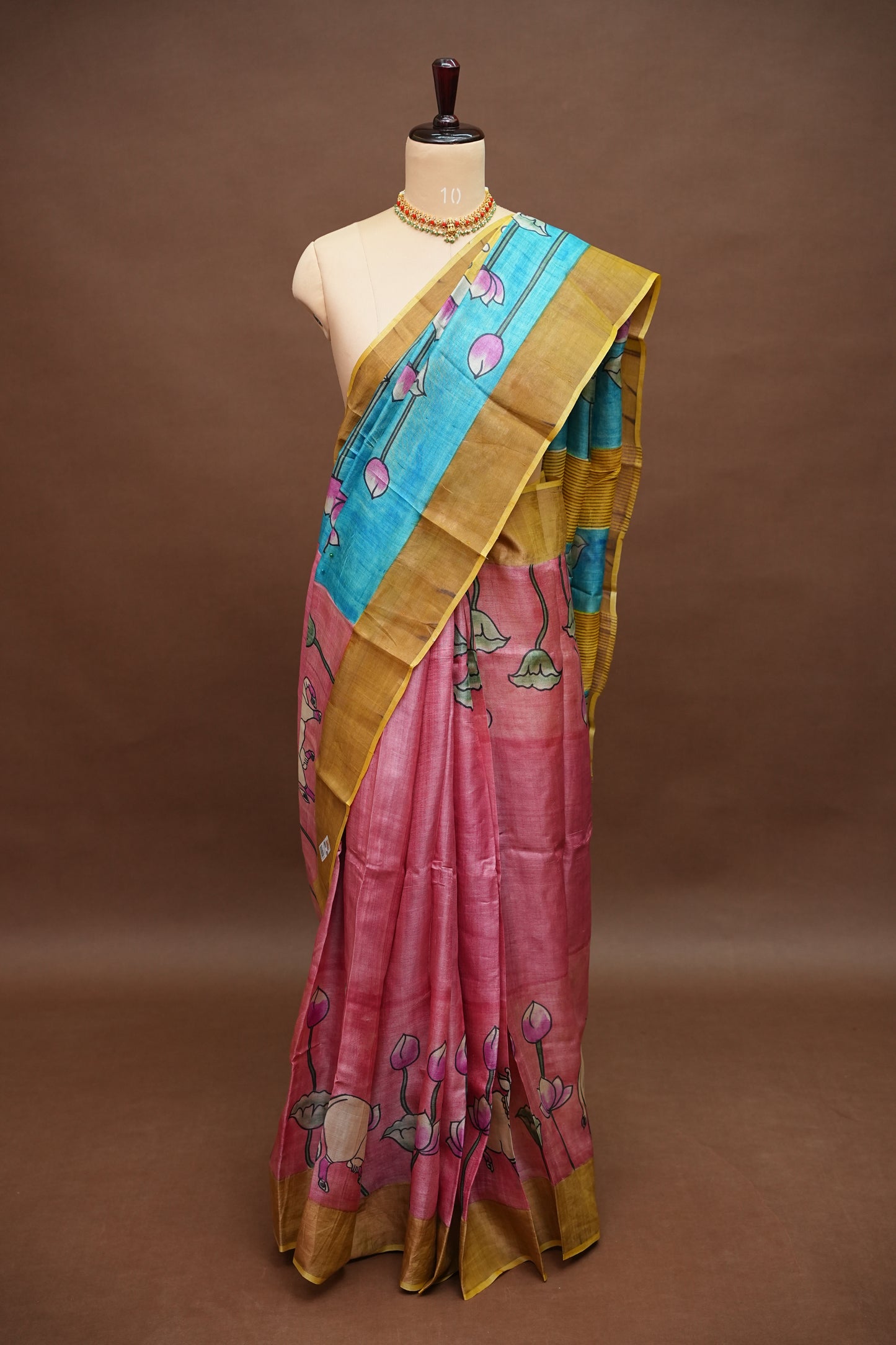 Pure Tussar Silk Saree in Rose Pink with Hand Painted Pen Kalamkari Pichwai Art | Silk Mark Certified