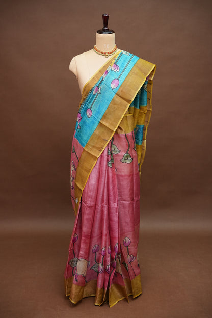 Pure Tussar Silk Saree in Rose Pink with Hand Painted Pen Kalamkari Pichwai Art | Silk Mark Certified