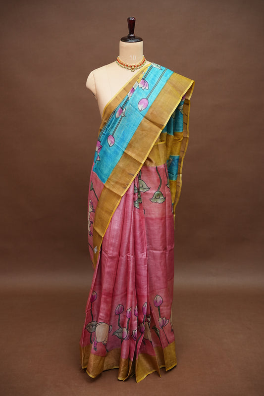 Pure Tussar Silk Saree in Rose Pink with Hand Painted Pen Kalamkari Pichwai Art | Silk Mark Certified