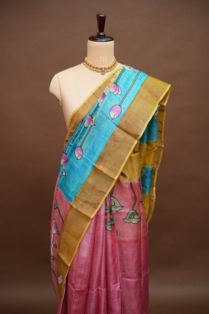 Pure Tussar Silk Saree in Rose Pink with Hand Painted Pen Kalamkari Pichwai Art | Silk Mark Certified