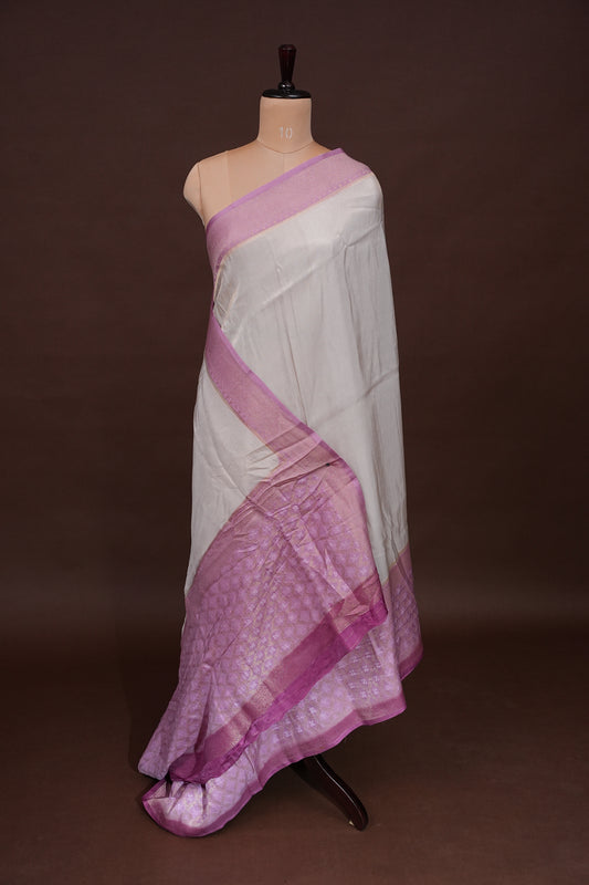 Pure Mellow Tissue Silk Saree with Bandhini Patterns - Ivory & Baby PInk