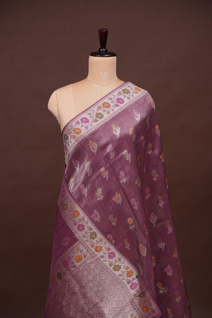 Mellow Wine Tissue Saree with Banarasi Silver Weaving & Paithani Borders