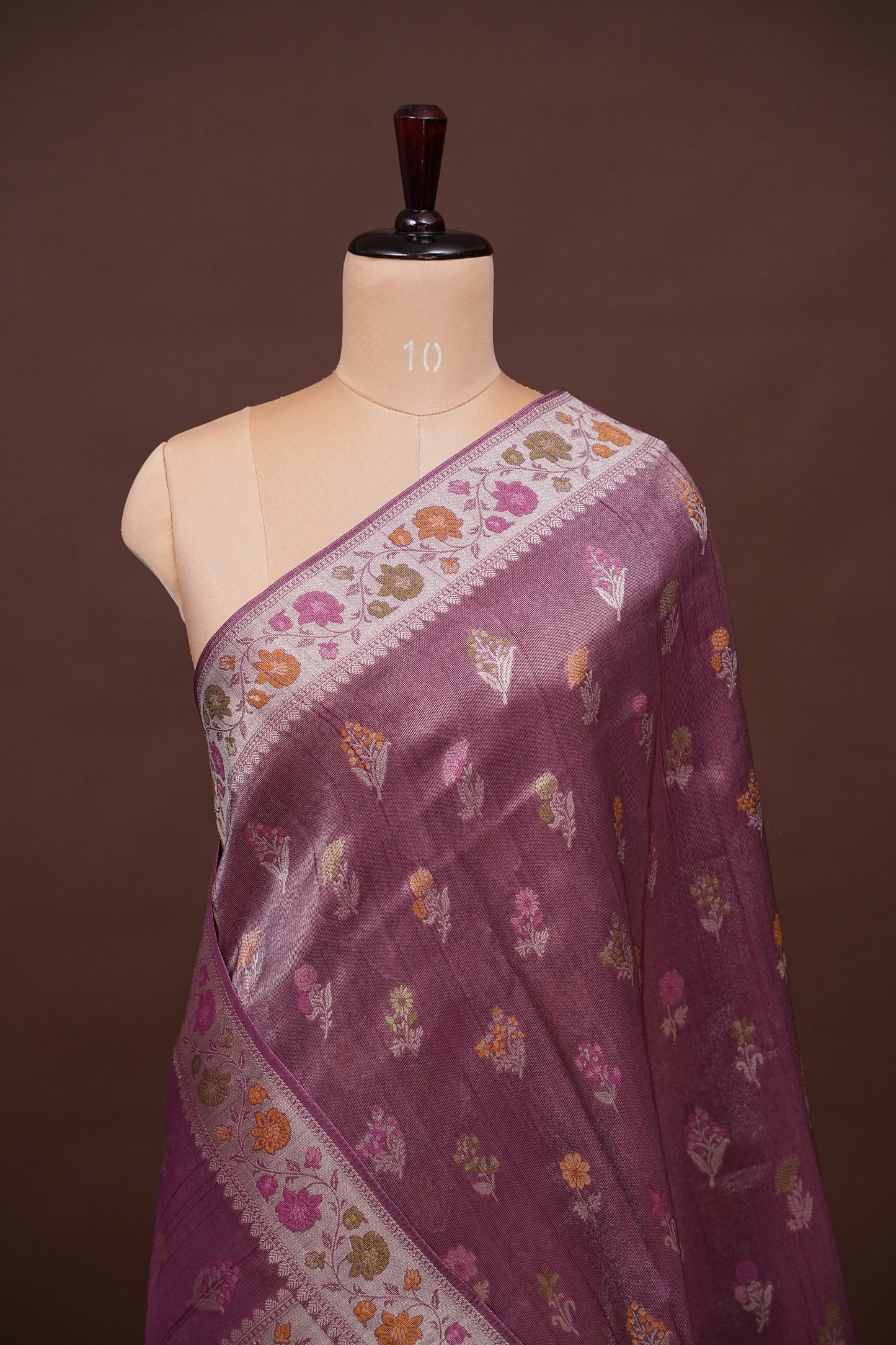 Mellow Wine Tissue Saree with Banarasi Silver Weaving & Paithani Borders