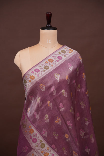 Mellow Wine Tissue Saree with Banarasi Silver Weaving & Paithani Borders