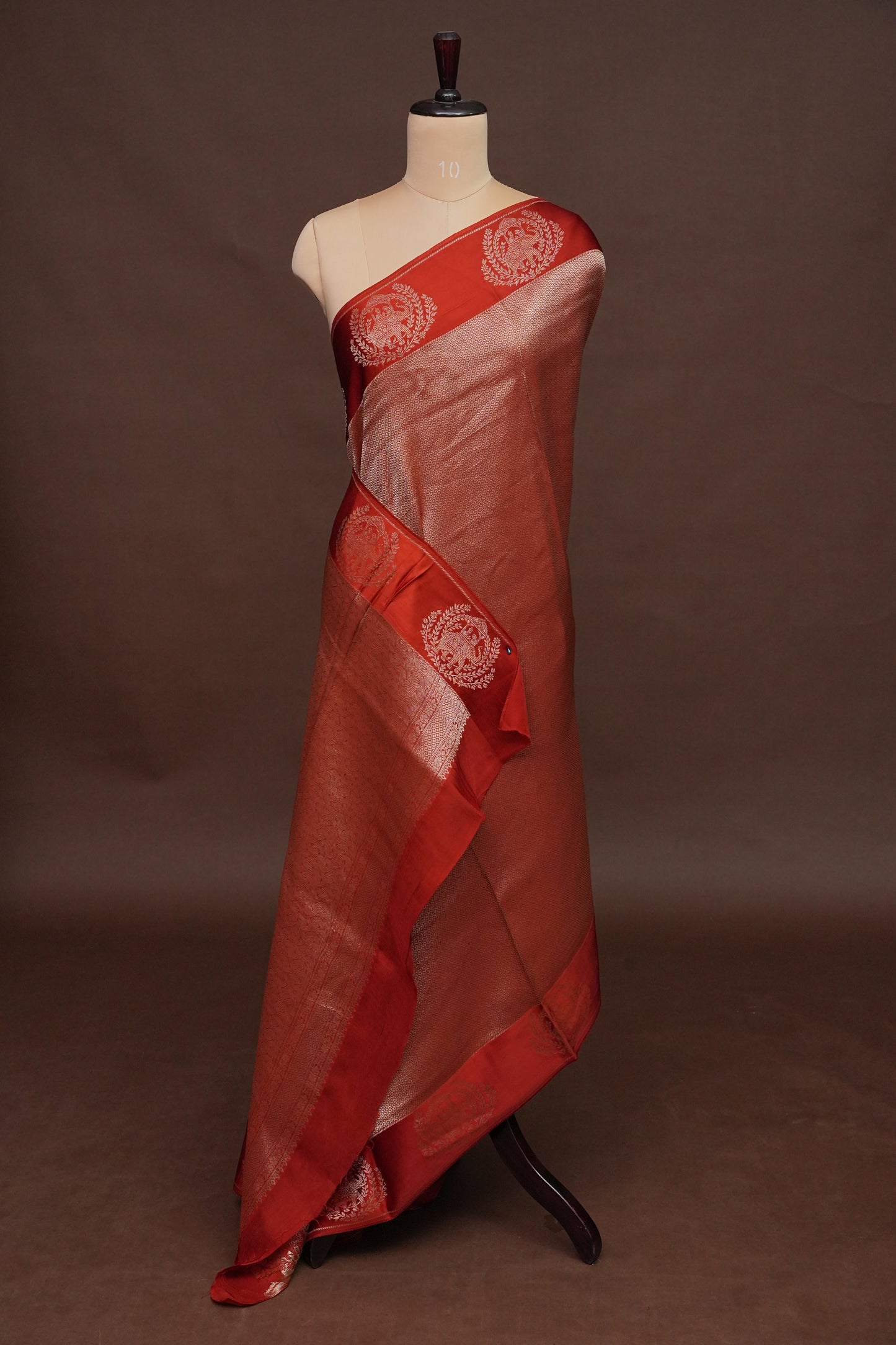 Burnt Orange Soft Banarasi Silk Saree with Traditional Elephant Motifs