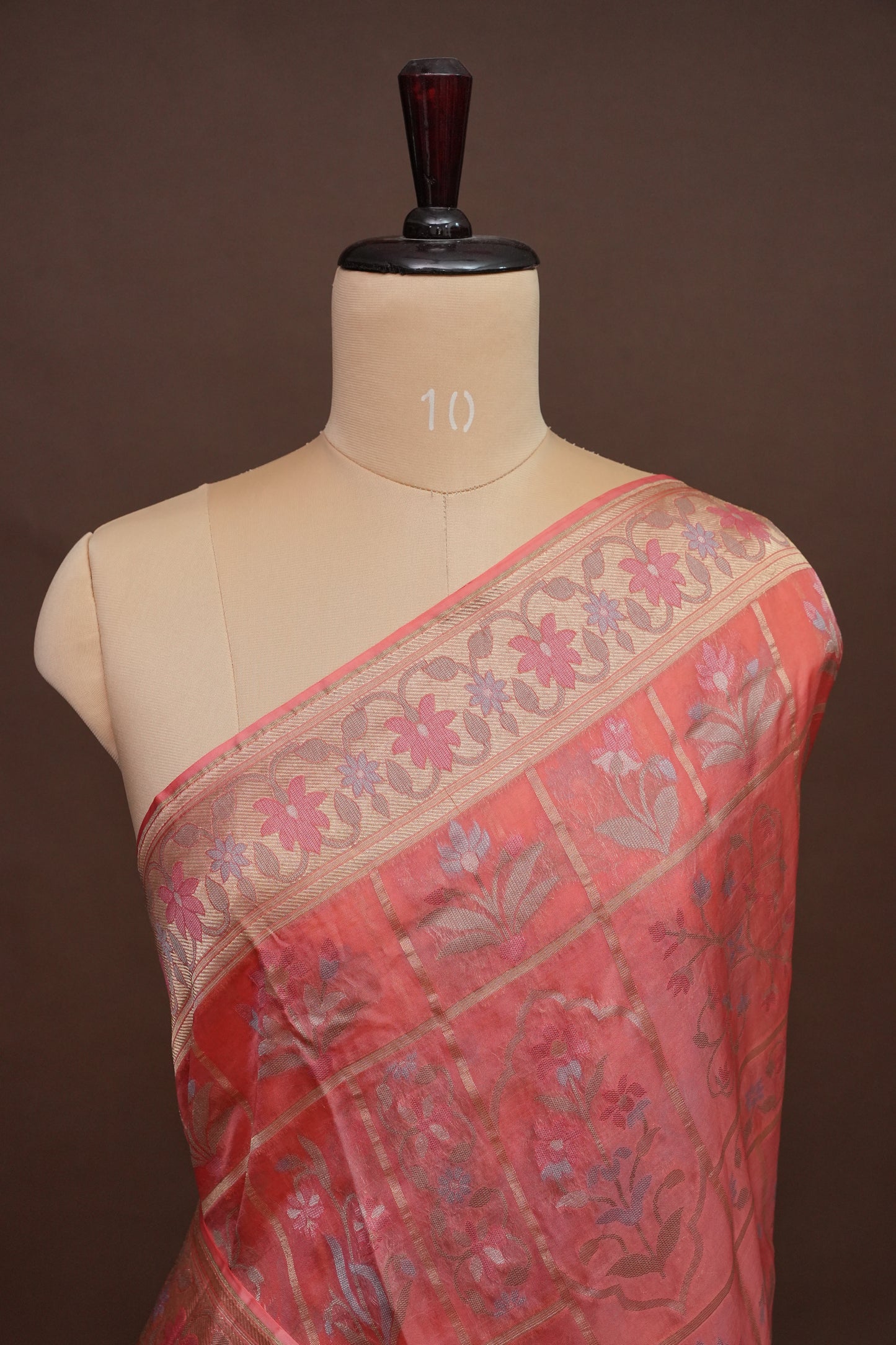 Coral Pink Woven Floral Tussar Georgette Saree with Zari Border