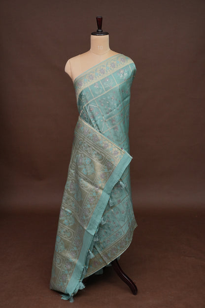 Sea Green Woven Floral Tussar Georgette Saree with Zari Border