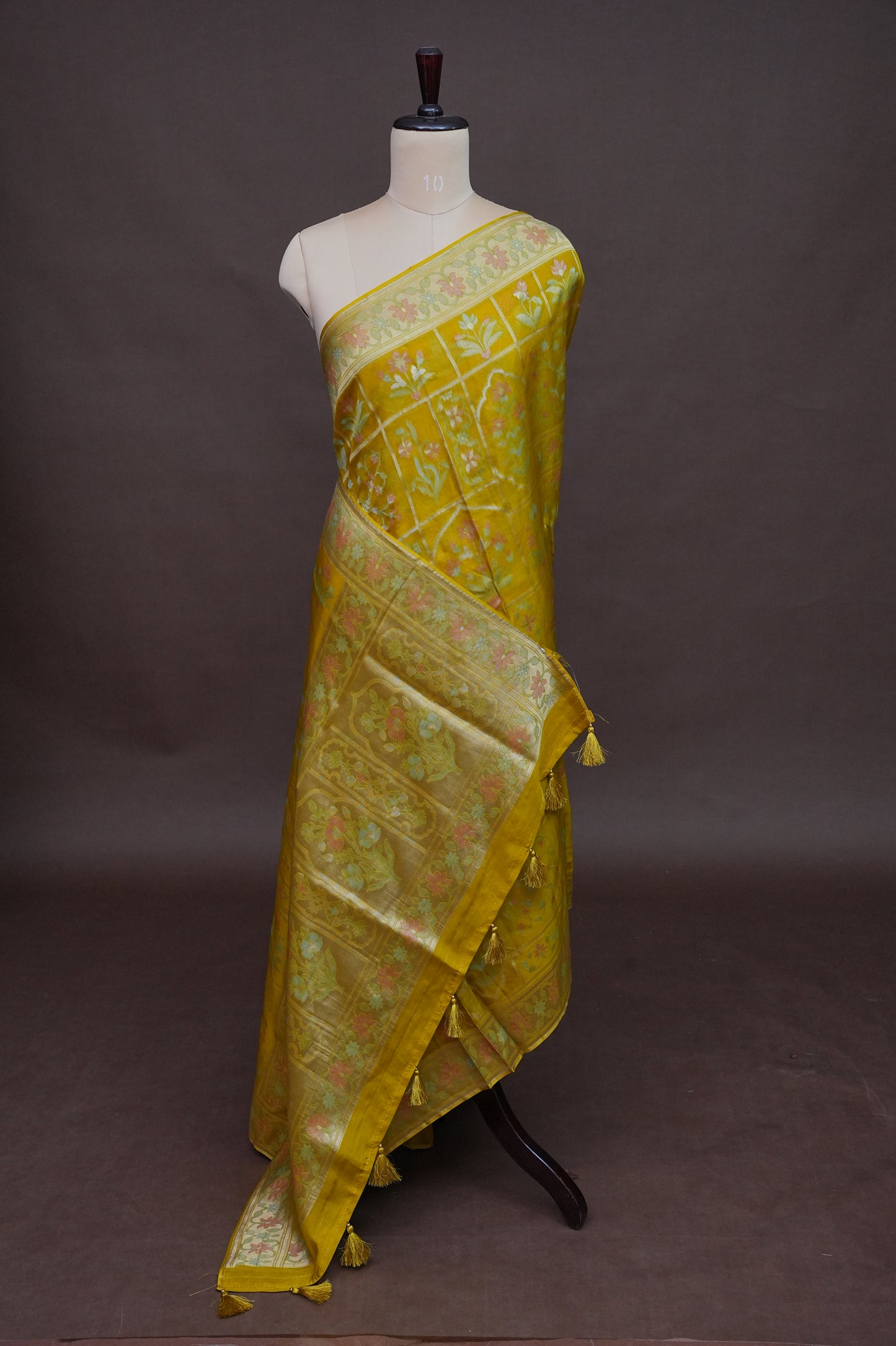 Mustard Yellow Woven Floral Tussar Georgette Saree with Zari Border