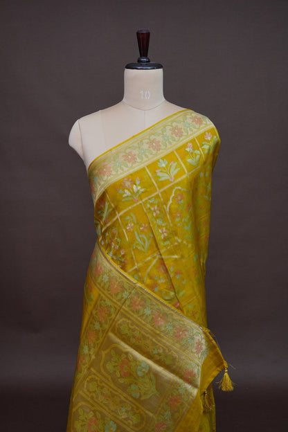 Mustard Yellow Woven Floral Tussar Georgette Saree with Zari Border