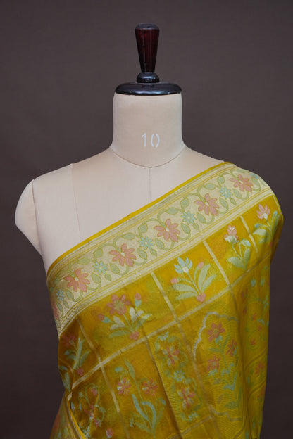 Mustard Yellow Woven Floral Tussar Georgette Saree with Zari Border