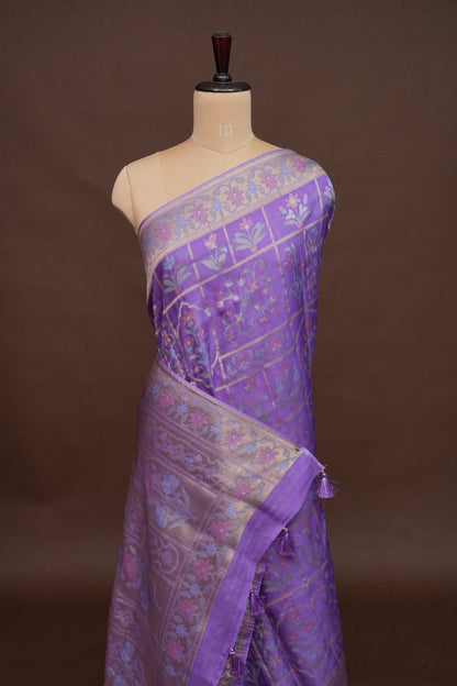 Lavender Woven Floral Tussar Georgette Saree with Zari Border