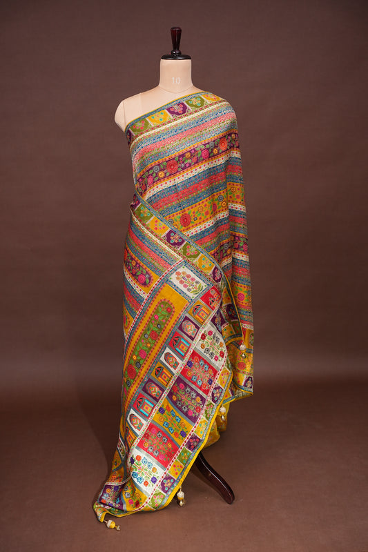 Kashmiri Pashmina Story Telling Saree - Multicolor on Yellow