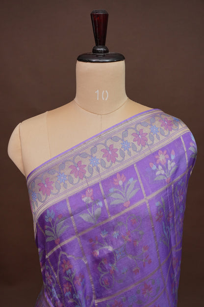 Lavender Woven Floral Tussar Georgette Saree with Zari Border