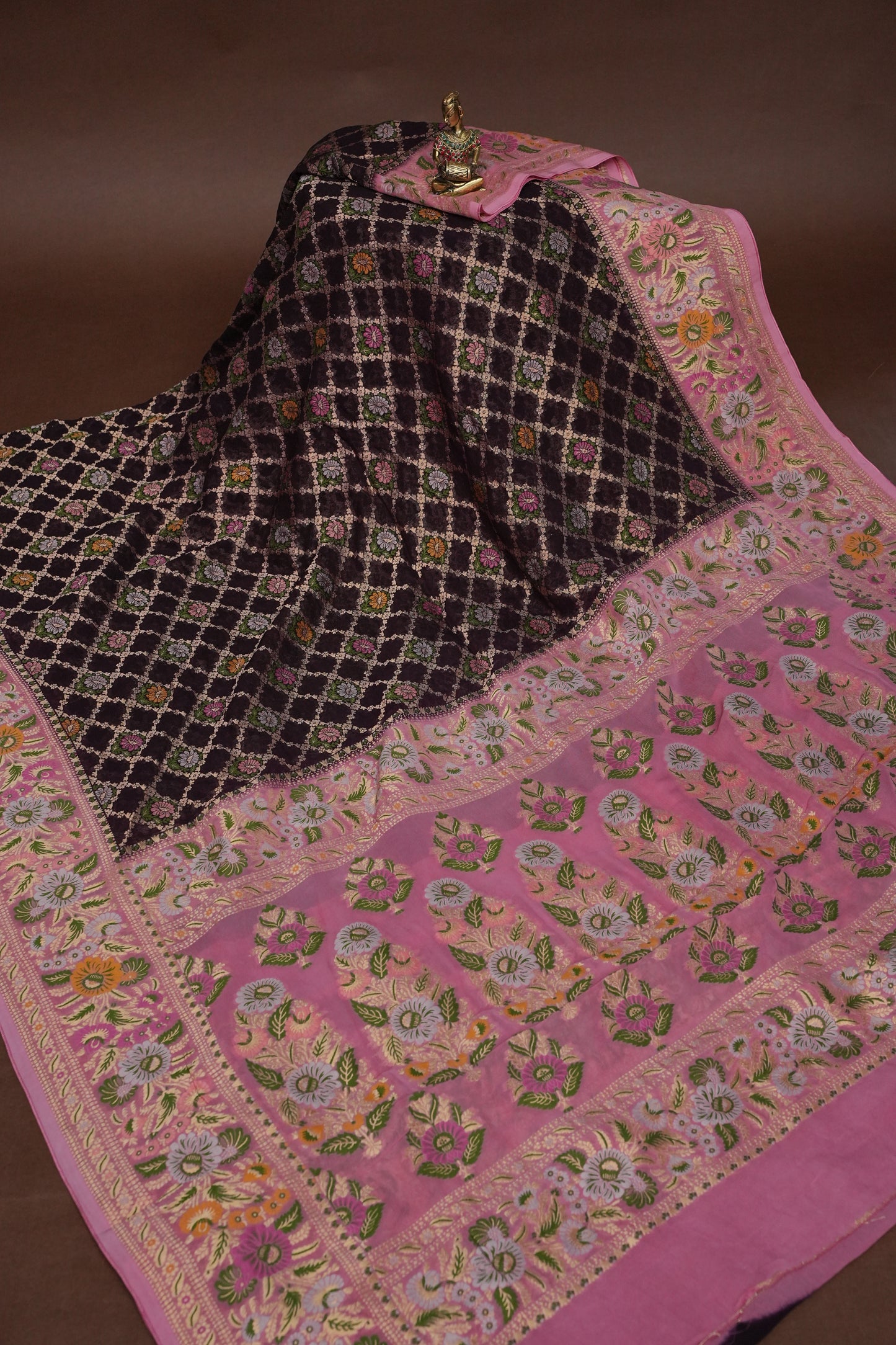 Banarasi Georgette Silk Saree - Coffee & Pink