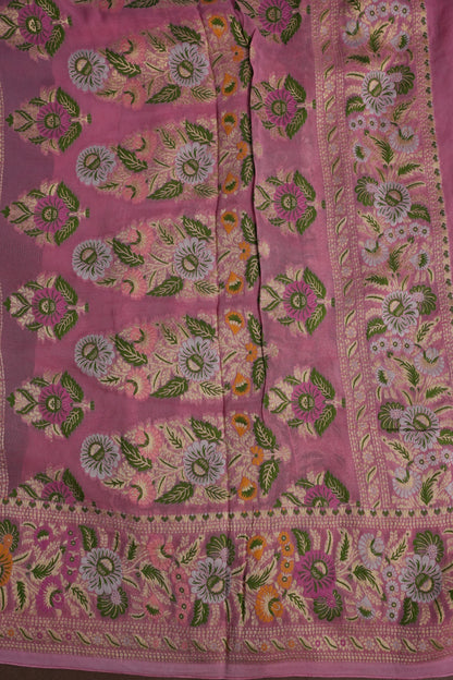 Banarasi Georgette Silk Saree - Coffee & Pink