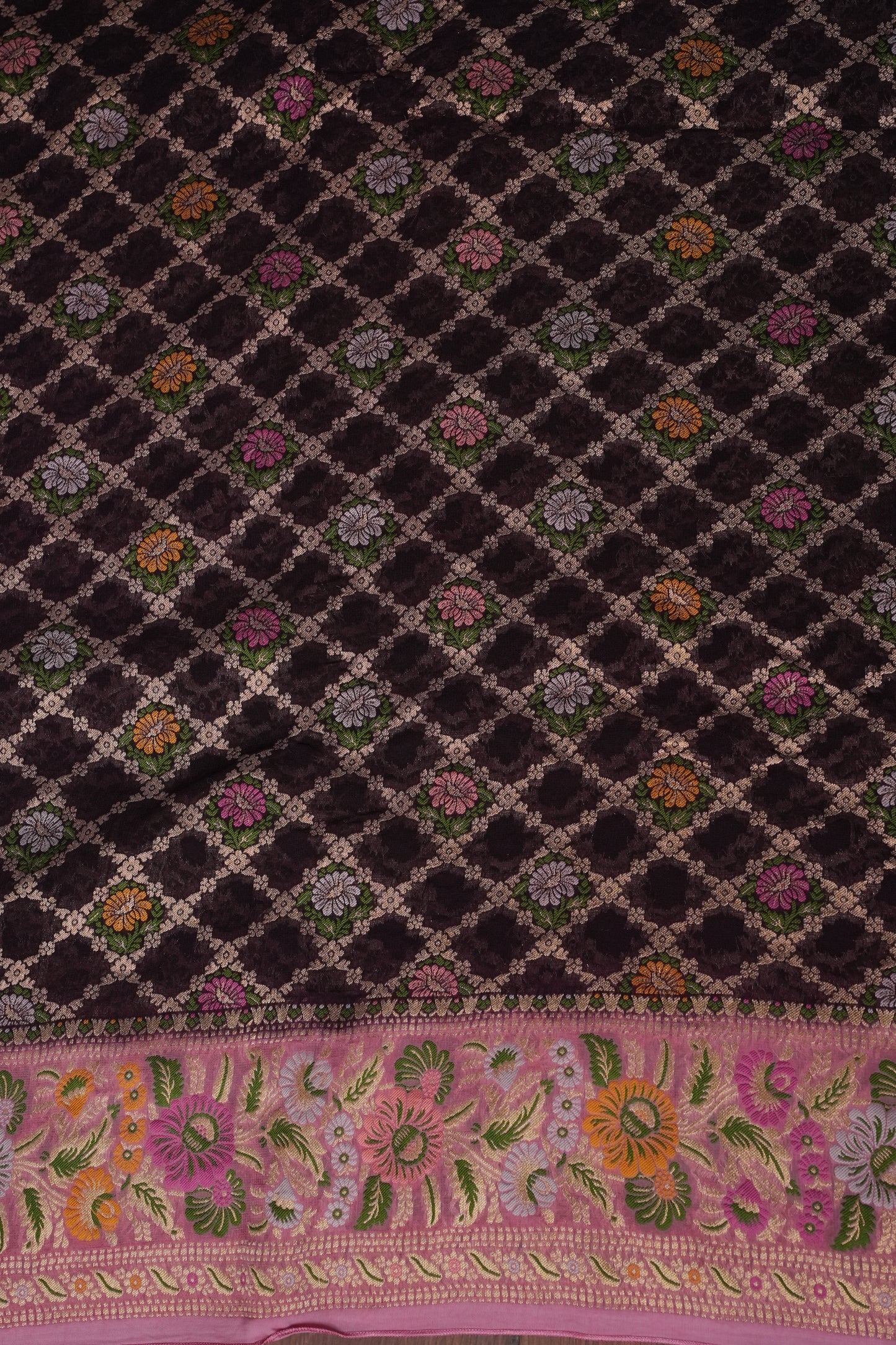 Banarasi Georgette Silk Saree - Coffee & Pink