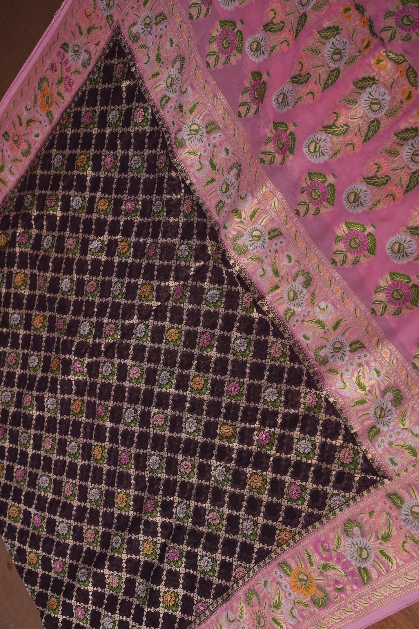 Banarasi Georgette Silk Saree - Coffee & Pink