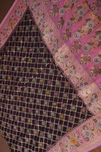 Banarasi Georgette Silk Saree - Coffee & Pink