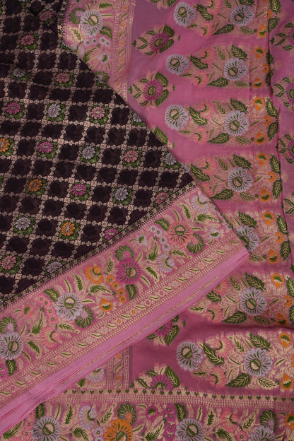 Banarasi Georgette Silk Saree - Coffee & Pink