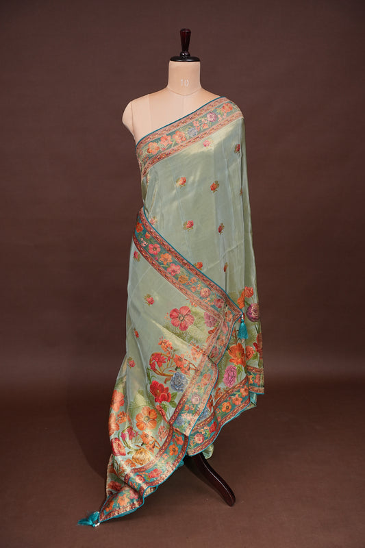 Kashmiri Pashmina Mellow Tissue Saree - Teal Green