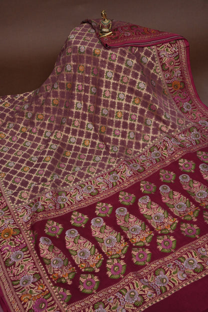 Banarasi Georgette Silk Saree - Nude & Maroon
