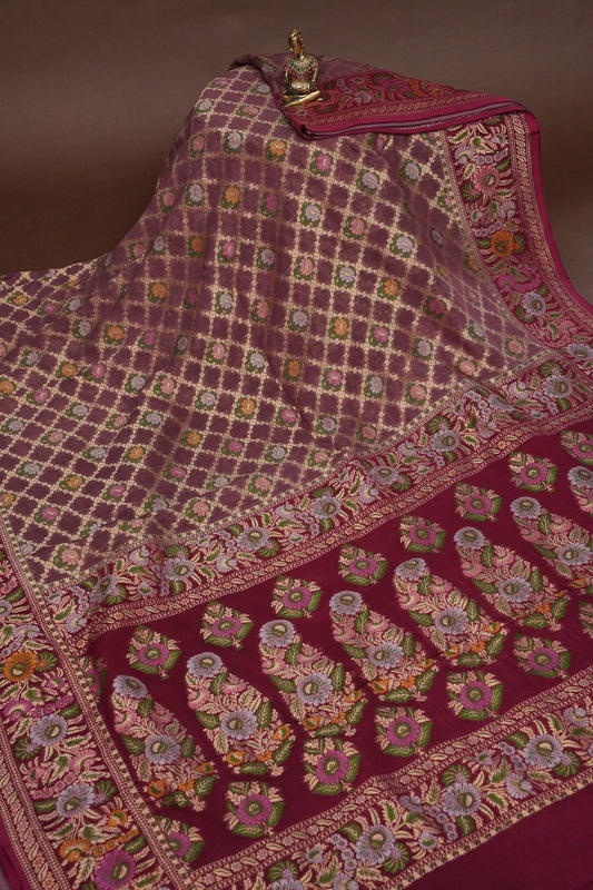 Banarasi Georgette Silk Saree - Nude & Maroon