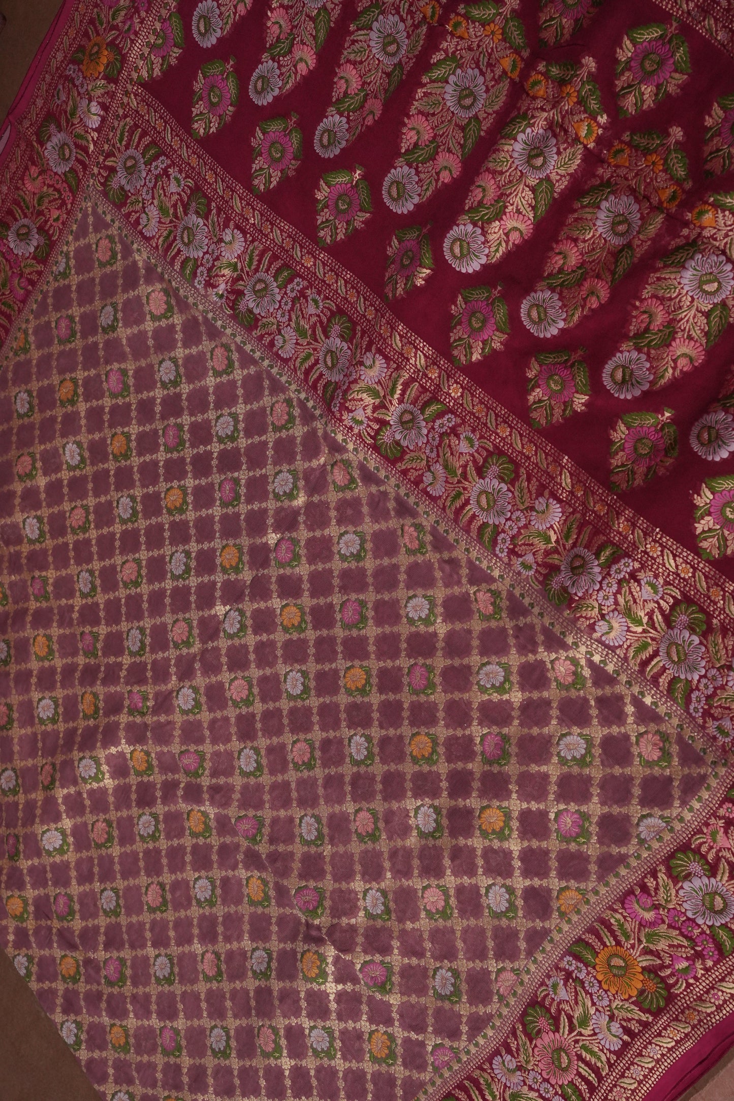 Banarasi Georgette Silk Saree - Nude & Maroon