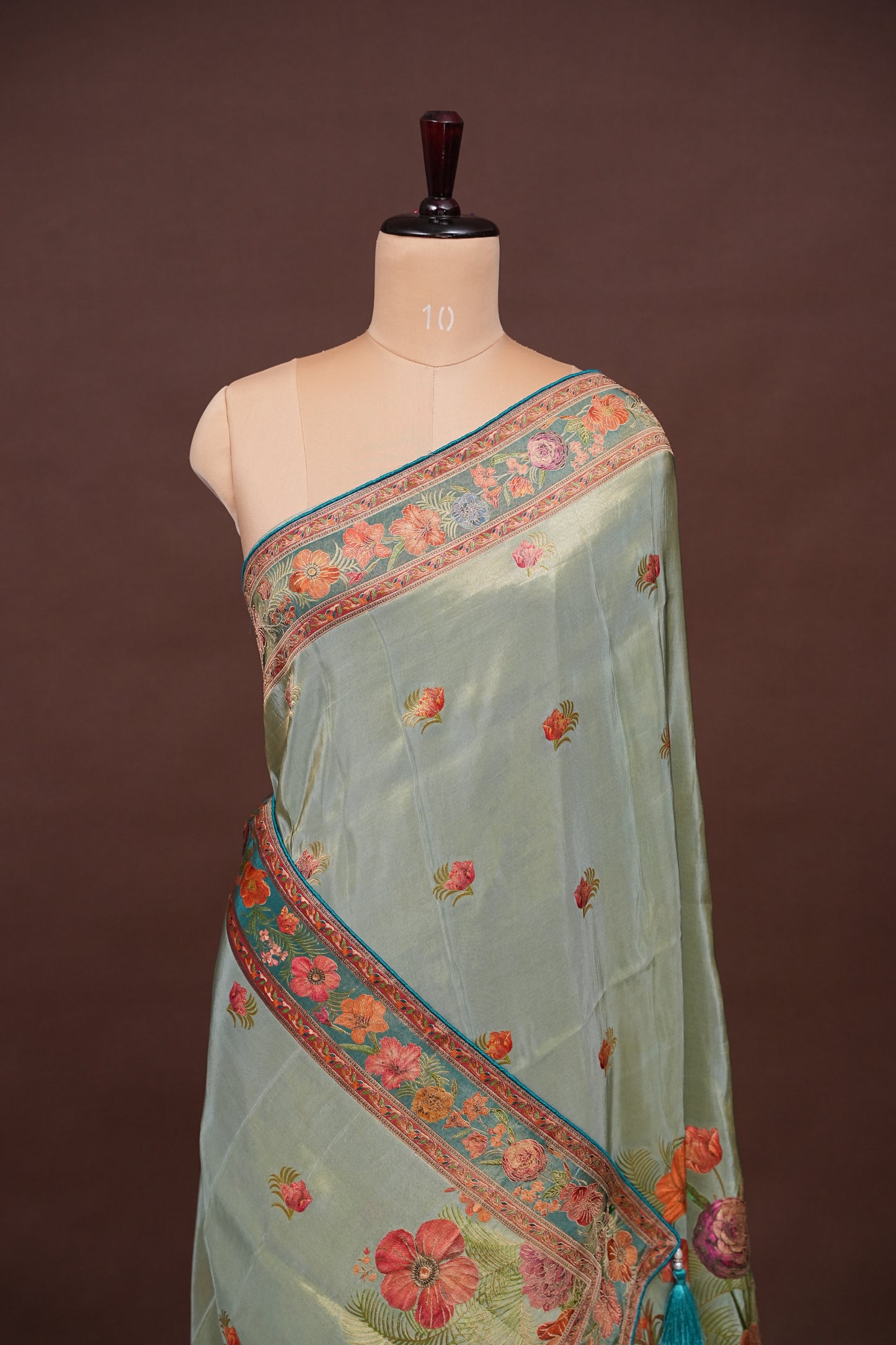 Kashmiri Pashmina Mellow Tissue Saree - Teal Green