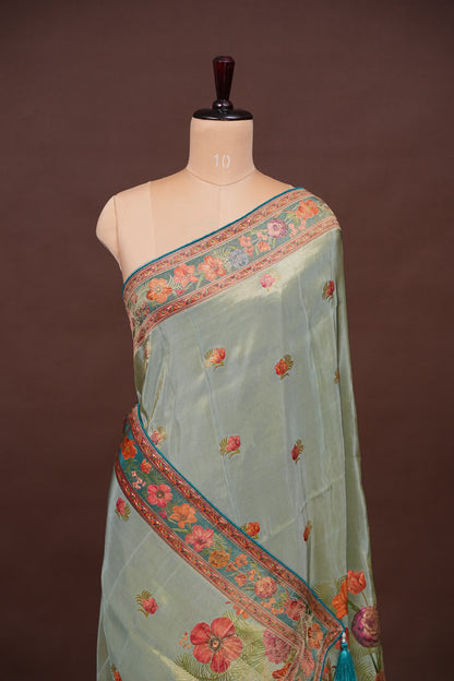 Kashmiri Pashmina Mellow Tissue Saree - Teal Green