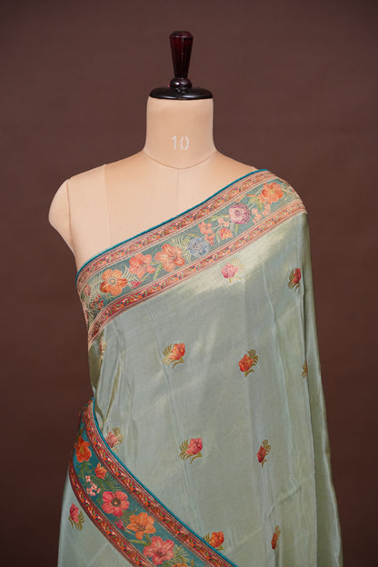 Kashmiri Pashmina Mellow Tissue Saree - Teal Green