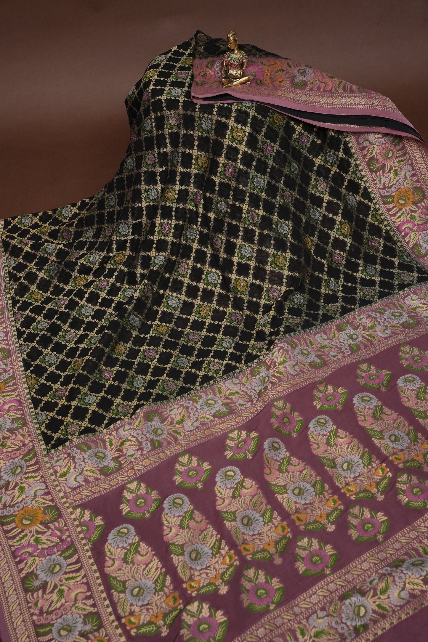 Banarasi Georgette Silk Saree - Black & Mauve Pink
