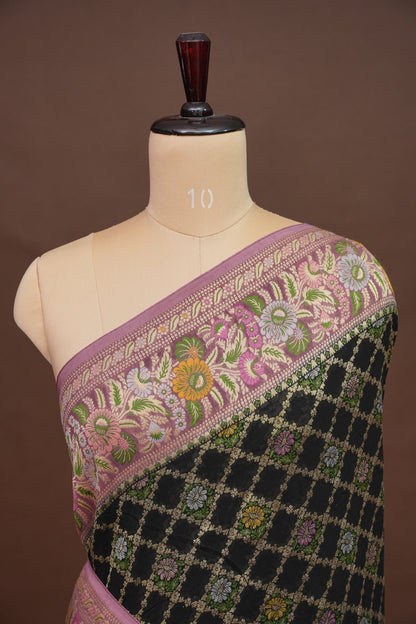 Banarasi Georgette Silk Saree - Black & Mauve Pink