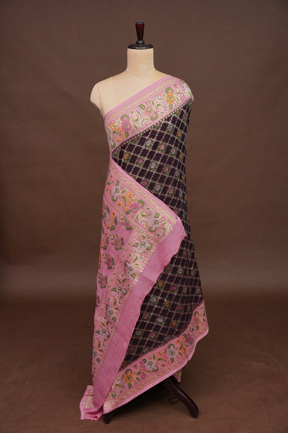 Banarasi Georgette Silk Saree - Coffee & Pink