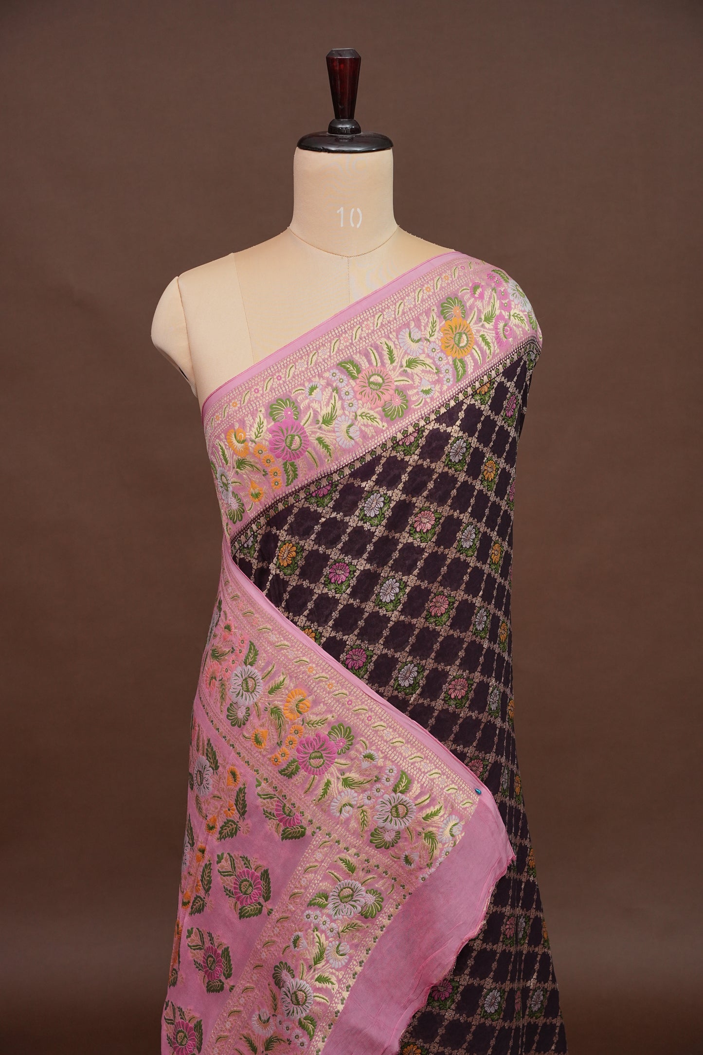 Banarasi Georgette Silk Saree - Coffee & Pink