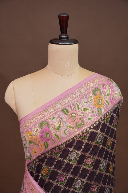Banarasi Georgette Silk Saree - Coffee & Pink