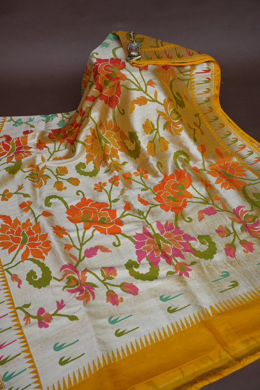 Mustard Yellow Pure Tussar Tissue Georgette Brocade Handloom Banarasi Saree