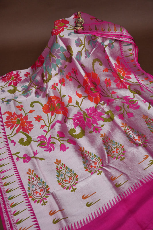 Pure Tussar Tissue Georgette Brocade Handloom Banarasi Saree - Blush Pink